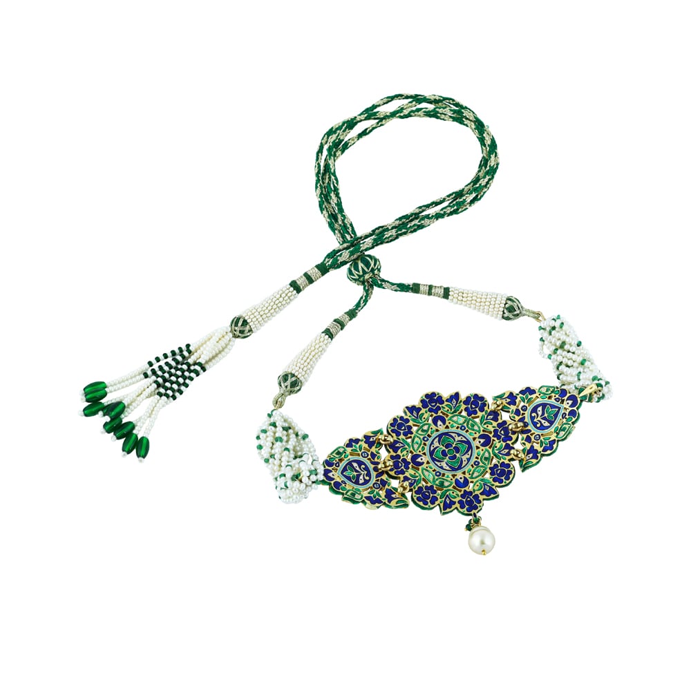 Floral Polki Choker with Green Enamel & Pearl Strands